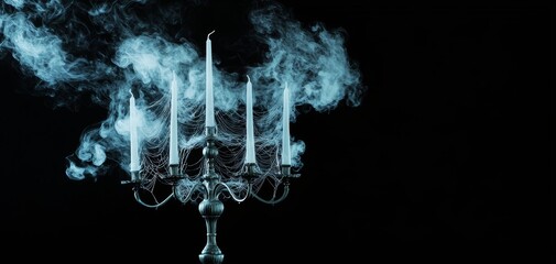 A spider web-covered candelabra with flickering ghostly blue flames, standing alone