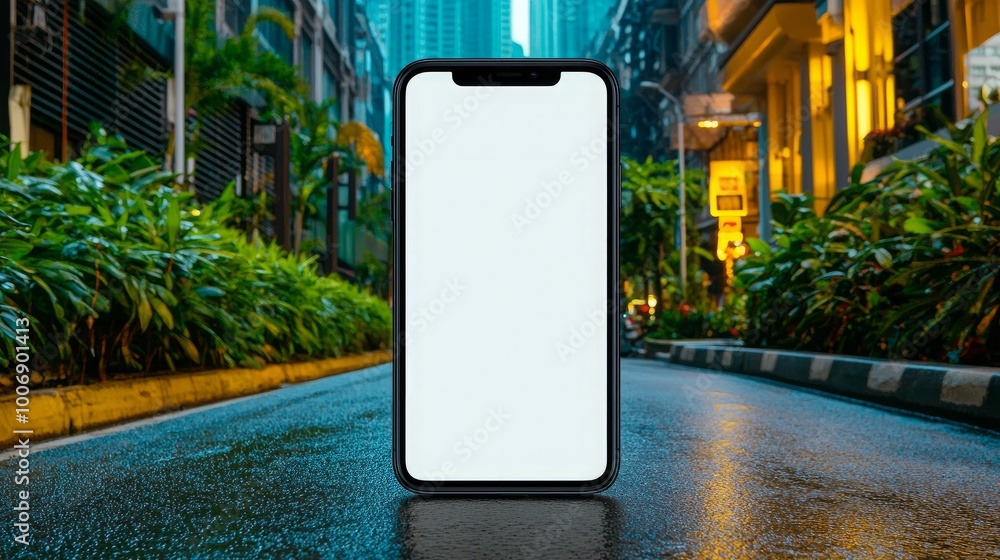 Wall mural a smartphone with a blank screen sits on a wet city street with buildings in the background.