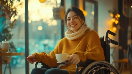 Happy young woman in a wheelchair enjoying a cozy cafe, promoting diversity and inclusivity