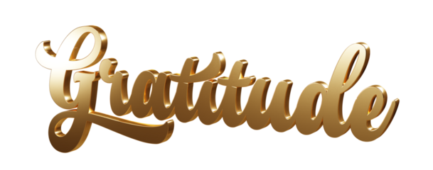 Luxury 3D gold text "Gratitude" on transparent background. Three dimensional Realistic script letters for logotype, symbol, signage, message etc.