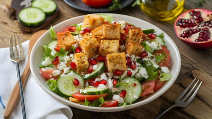 A vibrant salad of fattoush with crunchy pita croutons, fresh cucumbers, tomatoes, and pomegranate seeds, drizzled with olive oil.
