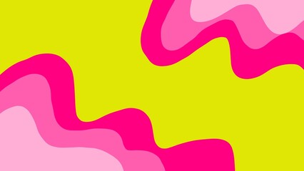 A vibrant abstract design featuring wavy pink and red shapes against a bright yellow background, creating a playful and energetic visual effect.