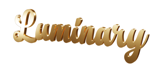 Luxury 3D gold text "Luminary" on transparent background. Three dimensional Realistic script letters for logotype, symbol, signage, message etc.