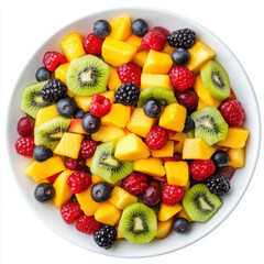 Obraz premium Fresh Mixed Fruit Salad with Mango, Kiwi, Berries, and Peaches.
