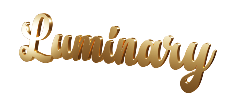 Luxury 3D gold text "Luminary" on transparent background. Three dimensional Realistic script letters for logotype, symbol, signage, message etc.