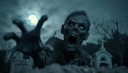 Tableau sur plexiglas  Zombie Coming out from the Soil full moon cemetery Graveyard Spooky Night Halloween   © Mali Jaroo