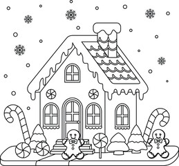 Gingerbread House Outline Coloring Page. Christmas and Winter Illustration
