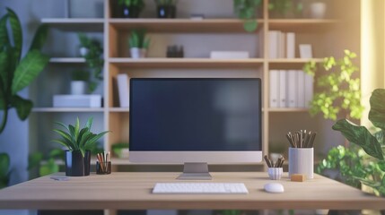 Interior design modern home office, Comfortable workplace, desk with computer monitor, stylish study room, beautiful home studio