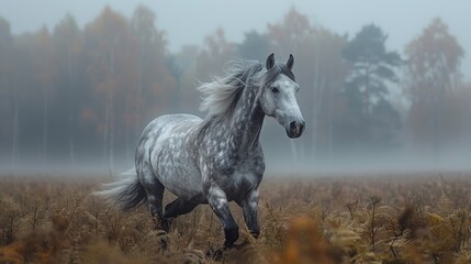 Against the backdrop of a snowy winter field, a graceful white horse runs in a powerful gallop, evoking a sense of wonder and serenity.