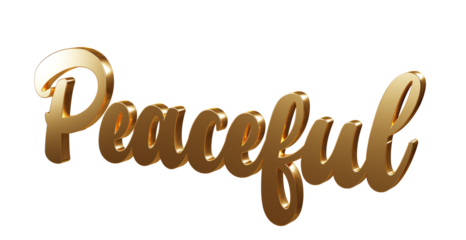 Luxury 3D gold text "Peaceful" on transparent background. Three dimensional Realistic script letters for logotype, symbol, signage, message etc.