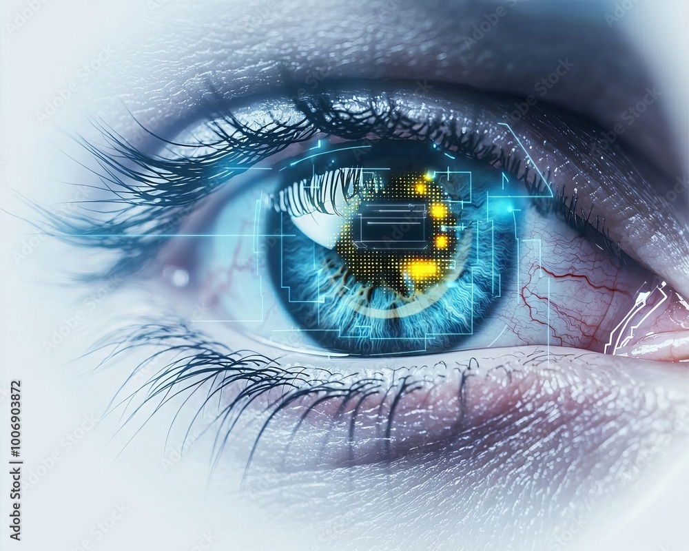 Poster closeup of an eye with digital interface overlay representing cybernetic augmentation