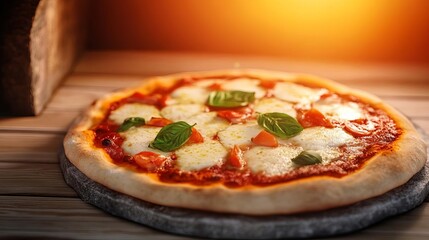 Margarita pizza baking slowly, warm stone oven, 3D illustration