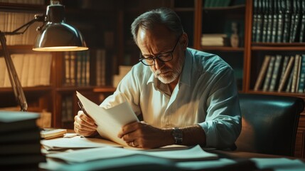 Middle aged male writer working on a script in his office
