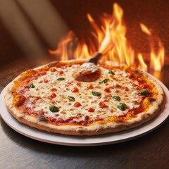 Margarita pizza being topped, traditional oven flames, 3D illustration