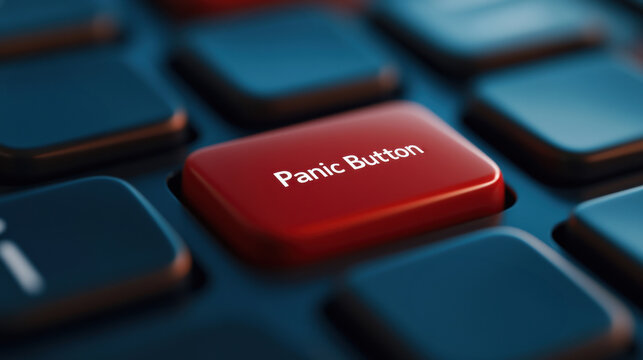 A red panic button on a computer keyboard with the words 'panic' and 'button', AI