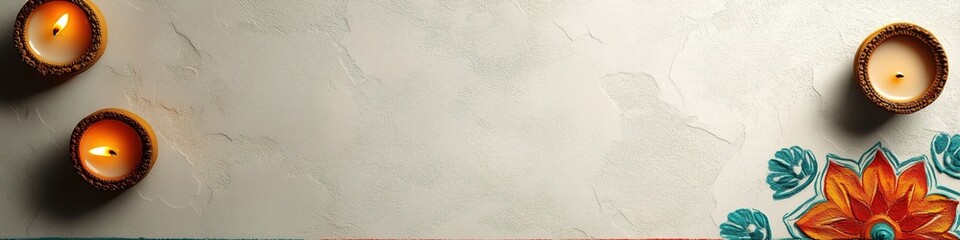 Minimalist Diwali Banner with Horizontal Rangoli Strip and Diyas Glowing in Each Corner	
