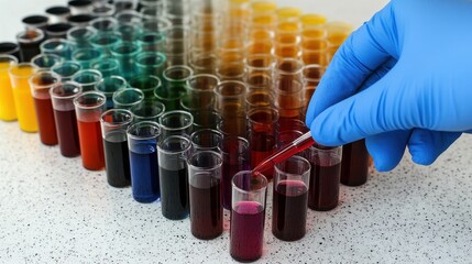 Doctor placing red liquid into test tube, close-up of medical research equipment