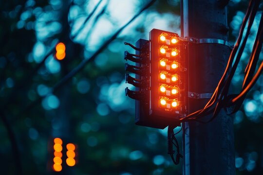 High-tech telecommunication structure with illuminated orange elements, cables and machinery in focus, modern technology in nature