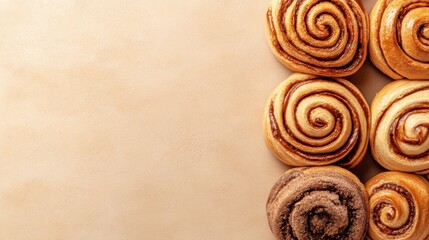 Fototapeta premium A group of cinnamon rolls arranged in a row on top of the table, AI