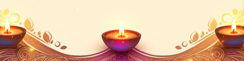 Minimalist Diwali Banner with Horizontal Rangoli Strip and Diyas Glowing in Each Corner	
