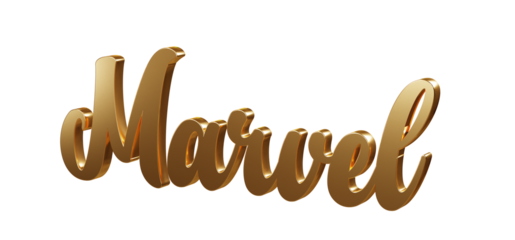 Luxury 3D gold text "Marvel" on transparent background. Three dimensional Realistic script letters for logotype, symbol, signage, message etc.