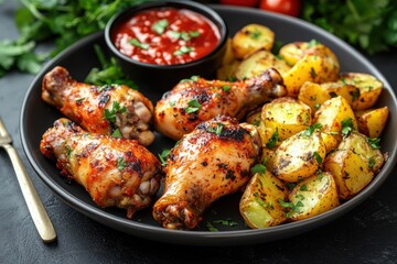delicious homemade chicken drumsticks with crispy potatoes, ideal for a family dinner banner