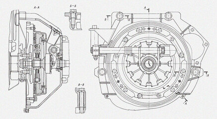 Clutch and wheel of car.
Engineering automotive mechanical drawing of steel 
device. Industrial cad scheme on white paper sheet. 
Technology design of machine building industry. 
Machined template.