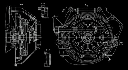 Clutch and wheel of car.  Engineering automotive mechanical drawing of steel 
device. Industrial cad scheme. 
Technology design of machine building industry. 
Machined template.