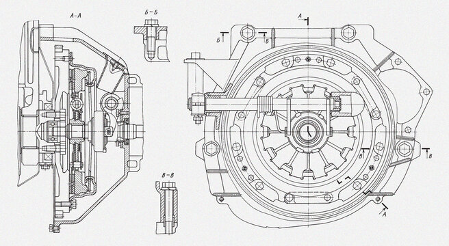 Clutch and wheel of car.
Engineering automotive mechanical drawing of steel 
device. Industrial cad scheme on white paper sheet. 
Technology design of machine building industry. 
Machined template.
