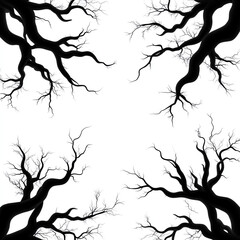 Silhouettes of barren tree branches on a white isolated background.