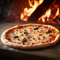 Margarita pizza golden crust, wood-fired oven, aromatic flames, 3D illustration