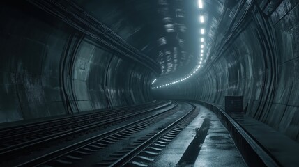 Obraz premium A dark tunnel with illuminated walls and railway tracks, creating a mysterious atmosphere.