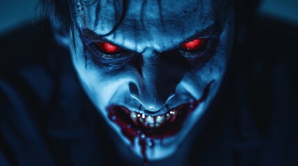 A close-up of a vampire with red eyes and fangs, showcasing a menacing expression.