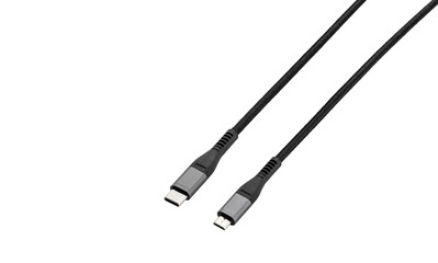 Black cable for charging and synchronization with Type - C, USB, Micro USB, Lightning connectors on a white background close-up