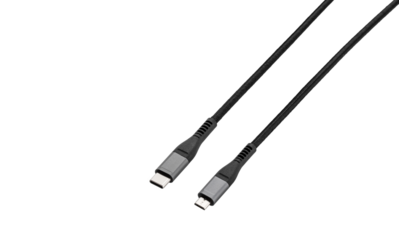 Black cable for charging and synchronization with Type - C, USB, Micro USB, Lightning connectors on a white background close-up