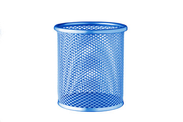 metallic Glass of blue color for stationery, pencils, pens, scissors, ruler, on an isolated white...