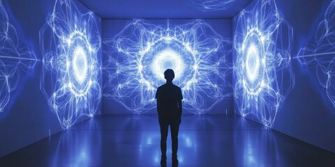 a person standing in front of a blue light