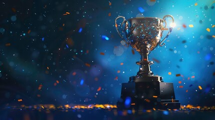 A golden trophy cup on a black pedestal with confetti raining down, a blue and orange glow behind it.