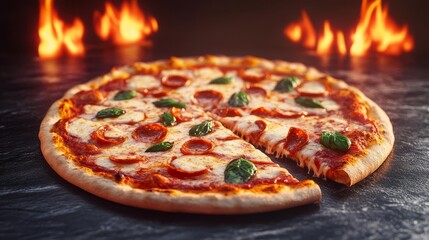 Margarita pizza ready to be sliced, oven flames, 3D illustration