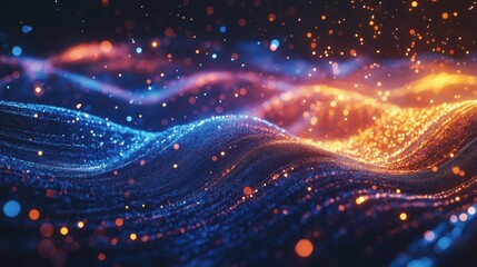 Obraz premium A vibrant display of flowing waves with shimmering particles in blue and orange tones.