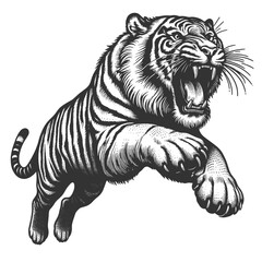 fierce leaping tiger tattoo design with an open mouth, drawn in an engraving style sketch engraving generative ai vector illustration. Scratch board imitation. Black and white image.