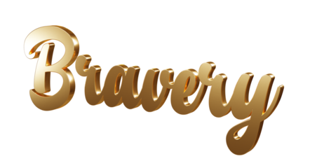 Luxury 3D gold text "Bravery" on transparent background. Three dimensional Realistic script letters for logotype, symbol, signage, message etc.