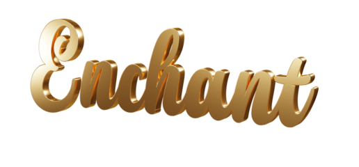 Luxury 3D gold text "Enchant" on transparent background. Three dimensional Realistic script letters for logotype, symbol, signage, message etc.