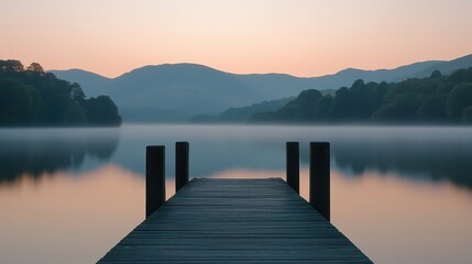 Obraz premium A tranquil lake at dawn with a wooden dock and misty mountains in the background.