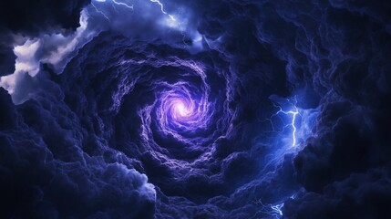 A dramatic view of swirling dark clouds illuminated by purple light and flashes of lightning.