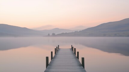 Obraz premium A peaceful wooden dock extending into a misty lake at dawn, surrounded by soft hills.