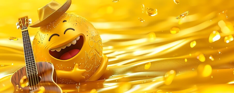 Grateful emoji ball with a guitar and hat, yellow abstract backdrop