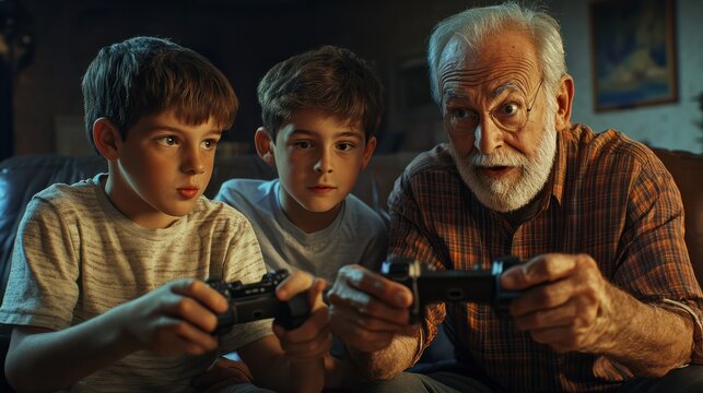 Three generations: grandfather, father and son having fun playing video game. Family fun concept - Powered by Adobe