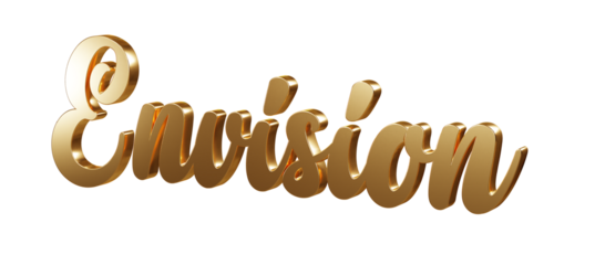 Luxury 3D gold text "Envision" on transparent background. Three dimensional Realistic script letters for logotype, symbol, signage, message etc.