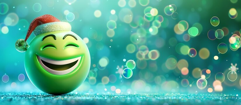 Green Christmas emoji ball with a mischievous grin and a Santa hat, against a vibrant teal abstract background with shimmering RGB lights.